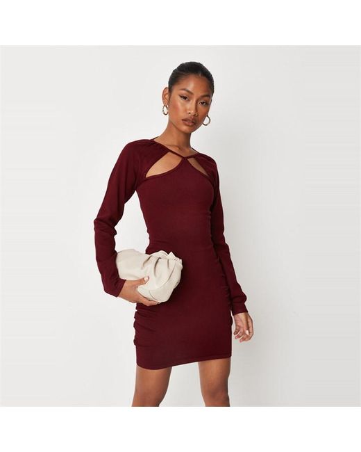 Missguided Halterneck Ruched Cut Out Long Sleeve Knit Mini Dress