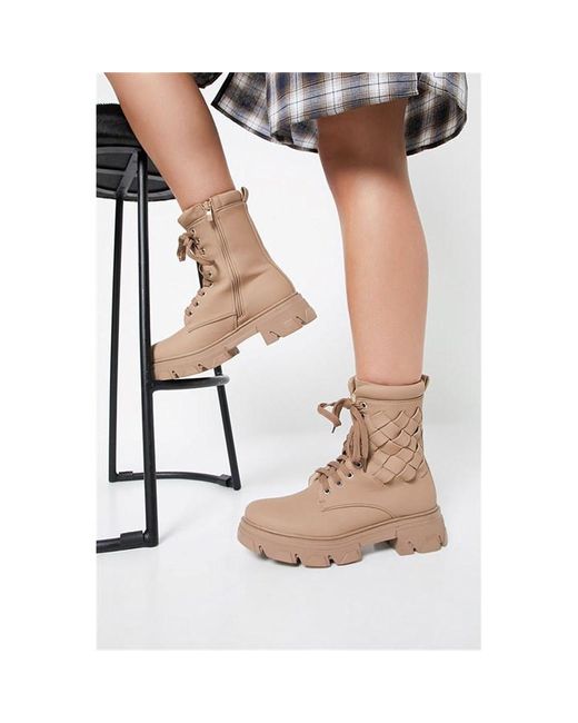 I Saw It First Khaki Woven Detail Chunky Lace Up Ankle Boots
