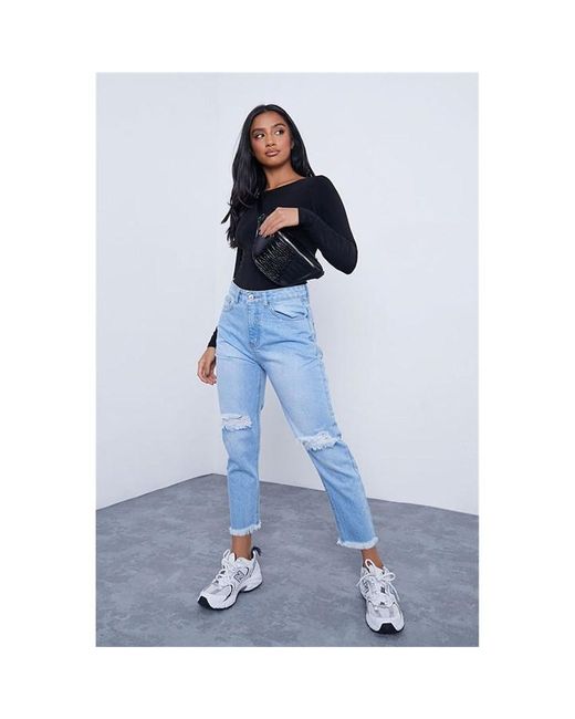 I Saw It First Light Wash Petite Basic Ripped Detail Mom Jeans With Frayed Hem