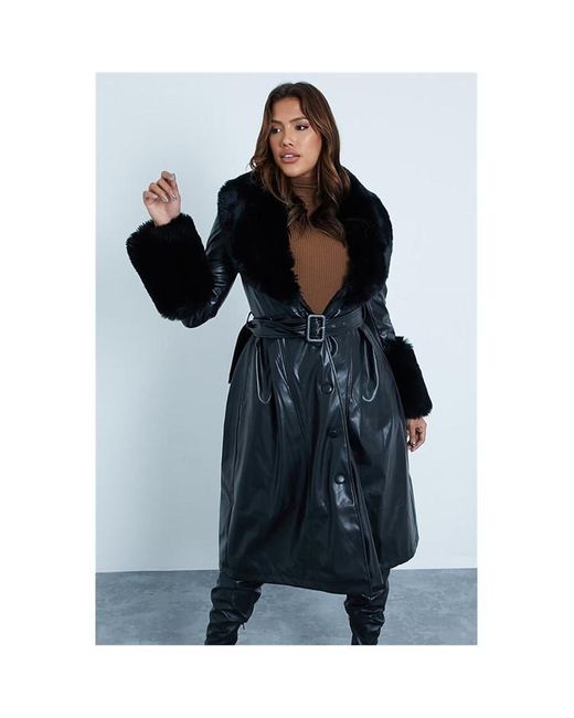 I Saw It First Maxi Pu Belted Coat And Faux Fur Collar Cuff
