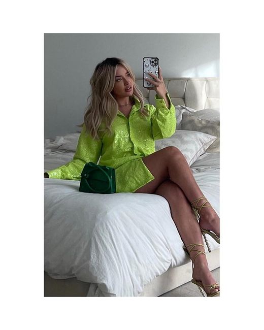 I Saw It First Lime Sequin Oversized Shirt Dress