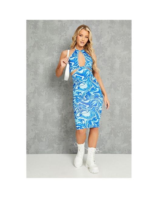 I Saw It First Slinky Marble Print Halterneck Knot Front Cut Out Bodycon Midi Dress