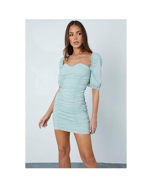 I Saw It First Sage Bengaline Puff Sleeve Ruched Milkmaid Dress