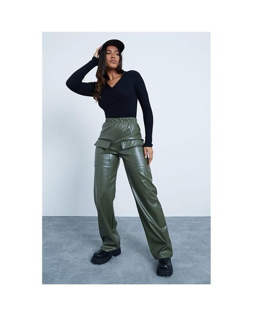 I Saw It First Khaki Faux Leather Wide Leg Utility Trousers
