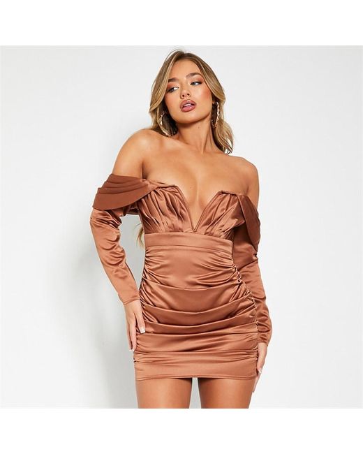 I Saw It First Satin Drape Shoulder Ruched Long Sleeve Bodycon Dress