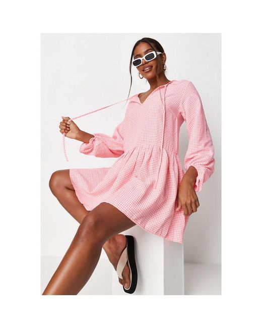 Missguided Gingham Tie Neck Smock Dress