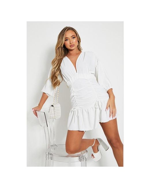 I Saw It First Woven Ruched Detail Puff Sleeve Mini Dress