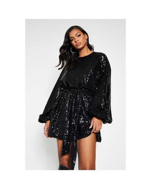 I Saw It First Sequin Balloon Sleeve Tie Wasit Skater Dress