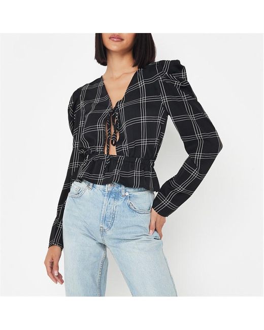 Missguided Tall Check Tie Front Puff Sleeve Peplum Top