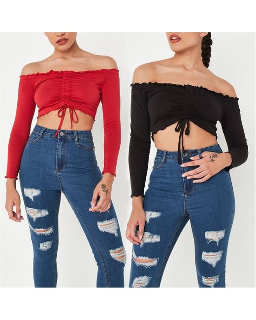 Missguided Petite Bardot Ruched Crop Top 2 Pack