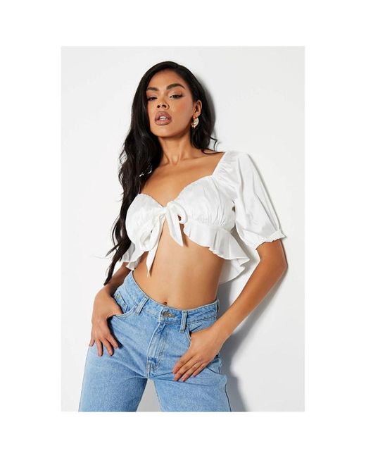I Saw It First Satin Tie Front Puff Sleeve Crop Blouse