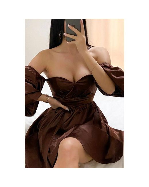 I Saw It First Chocolate Satin Bust Detail Bardot Extreme Puff Sleeve Skater Dress