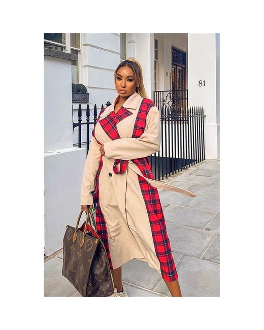 I Saw It First Stone Contrast Check Maxi Length Trench Coat