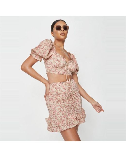 Missguided Print Co Ord Ruched Milkmaid Top
