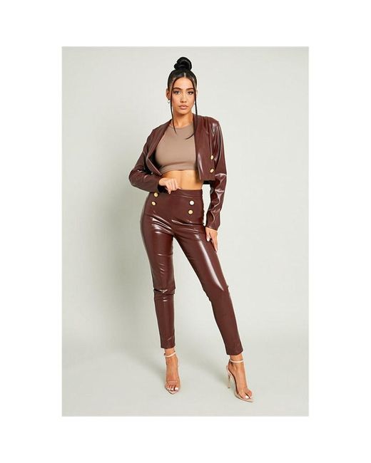 I Saw It First Chocolate Pu Tailored Cigarette Trouser With Military Button