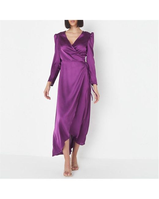Missguided Puff Sleeve Wrap Front Satin Midaxi Dress