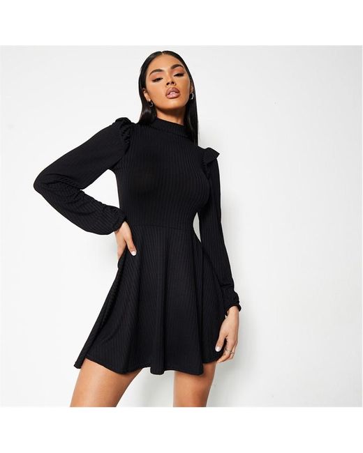 I Saw It First Ribbed High Neck Balloon Sleeve Swing Dress