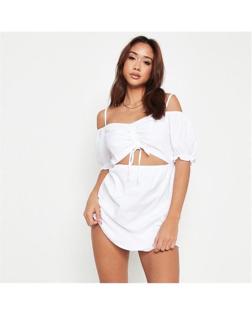Missguided Crinkle Ruched Cut Out Bardot Beach Cover Up Mini Dress