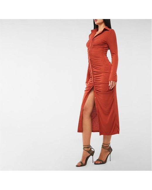 Missguided Ruched Button Slinky Midaxi Shirt Dress