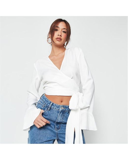 Missguided Wrap Front Flared Sleeve Crop Top