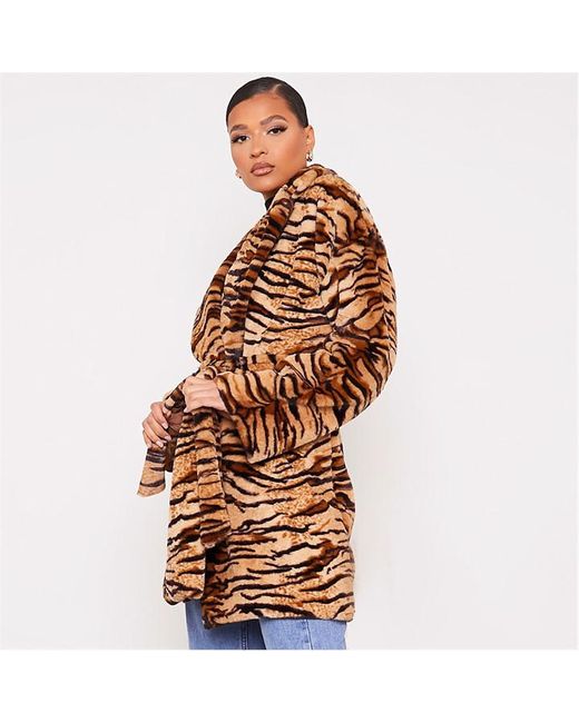 I Saw It First Tiger Print Faux Fur Belted Coat