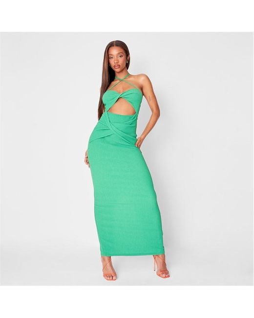 Missguided Textured Twist Front Halterneck Cut Out Midaxi Dress