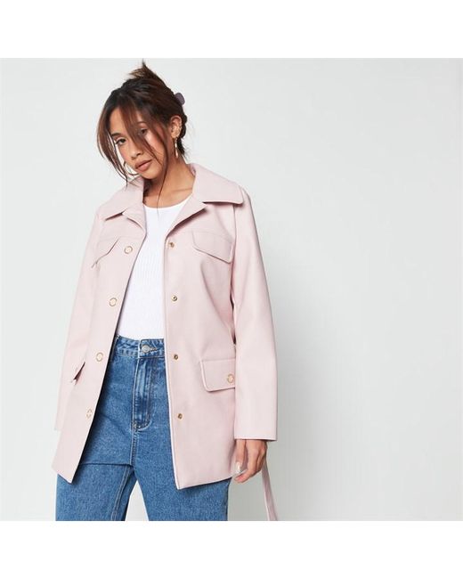 Missguided Petite Oversized Belted Faux Leather Jacket