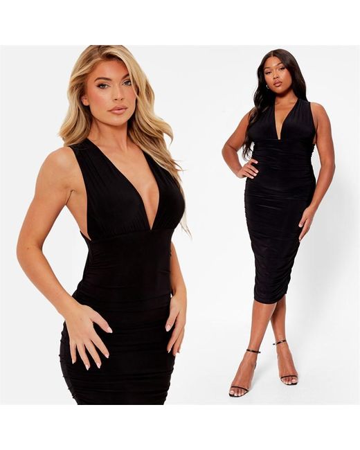 I Saw It First Plunge Cross Back Ruched Bodycon Midi Dress