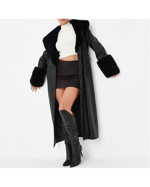 Missguided Tall Faux Fur Trim Belted Leather Trench Coat