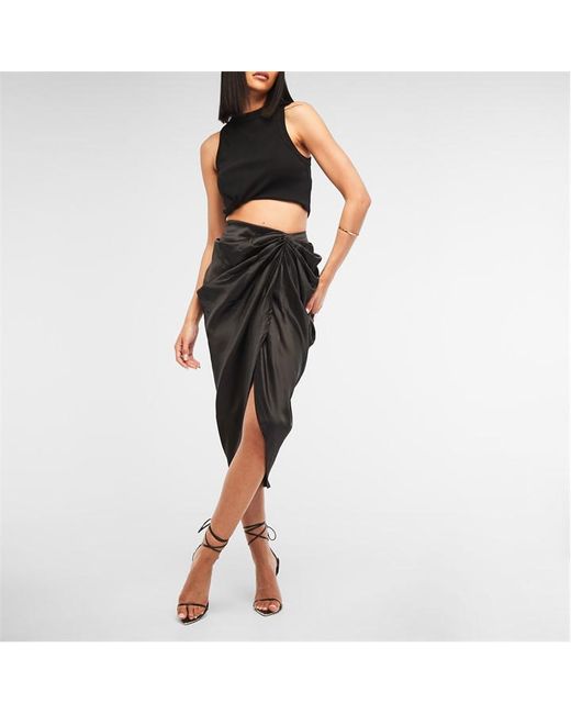 Missguided Ruched Asymmetric Satin Midi Skirt