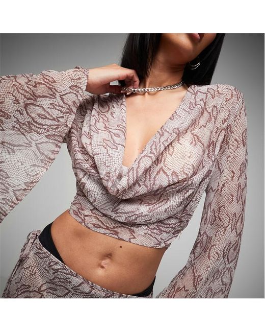 Missguided Co Ord Snake Print Wrap Front Sheer Blouse