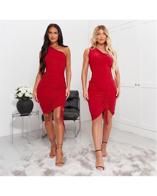 I Saw It First One Shoulder Ruched Slinky Midi Dress
