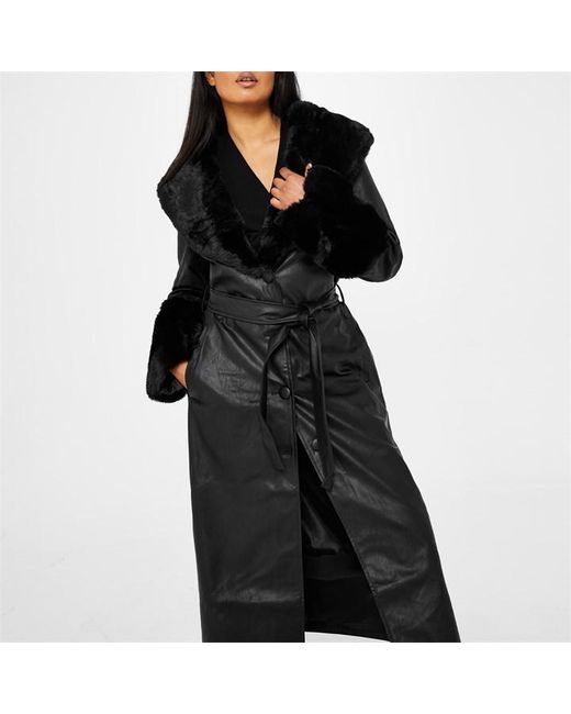 Missguided Faux Leather Contrast Trim Trench Coat