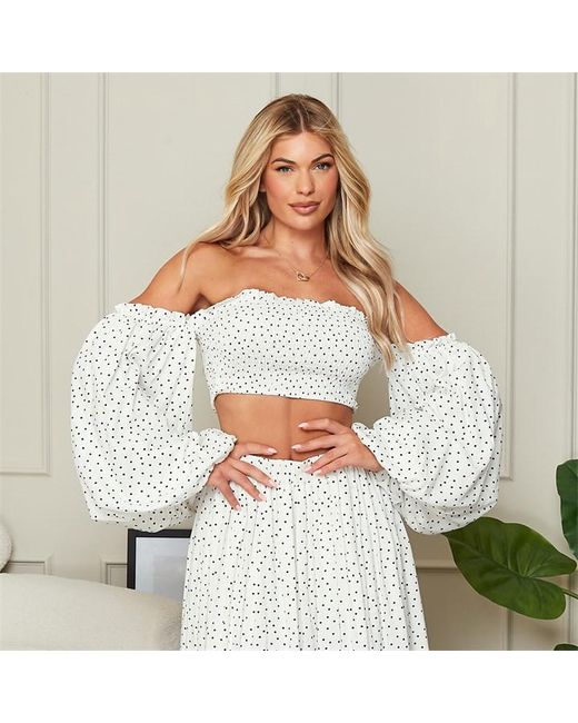 I Saw It First Printed Shirred Puff Sleeve Bandeau Crop Top Co-Ord