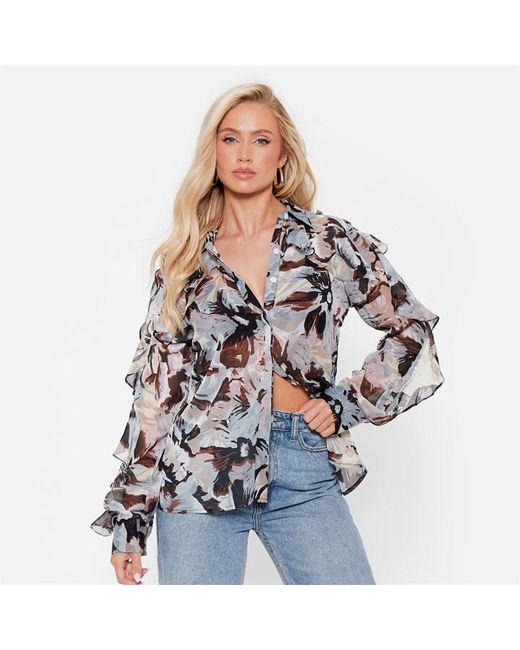 I Saw It First Floral Frill Sleeve Mesh Blouse