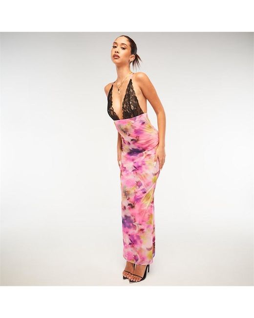 Missguided Printed Mesh Lace Bust Maxi Dress