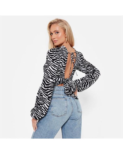 I Saw It First Printed Tie Back Puff Sleeve Cropped Blouse