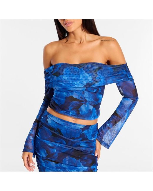 Missguided Printed Mesh Ruched Bardot Top