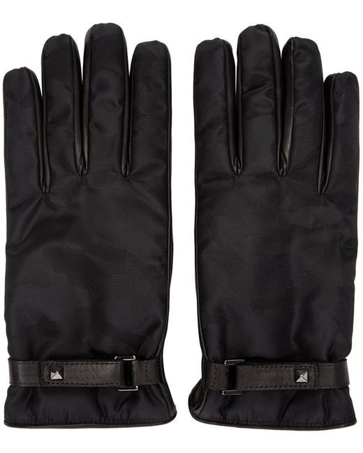 Valentino Black Nylon and Leather Camo Gloves