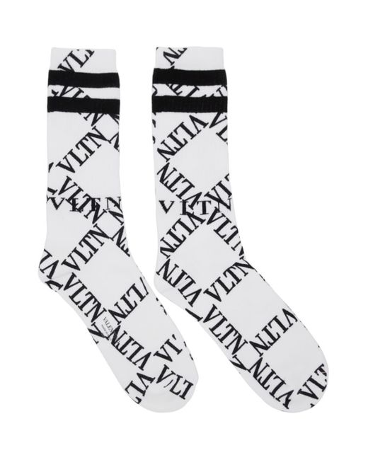 Valentino White and Black Garavani VLTN Grid Socks
