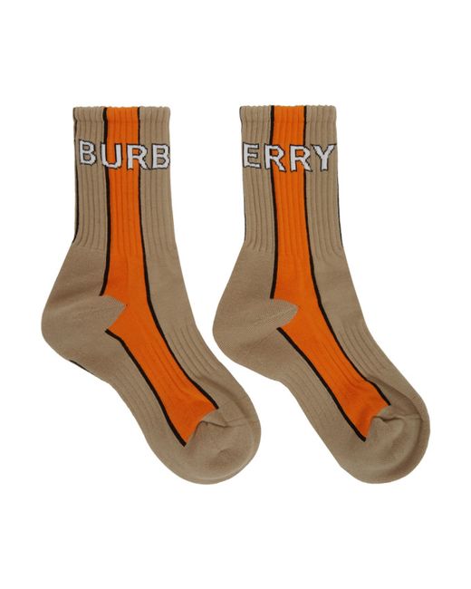 Burberry Beige and Orange Striped Logo Socks