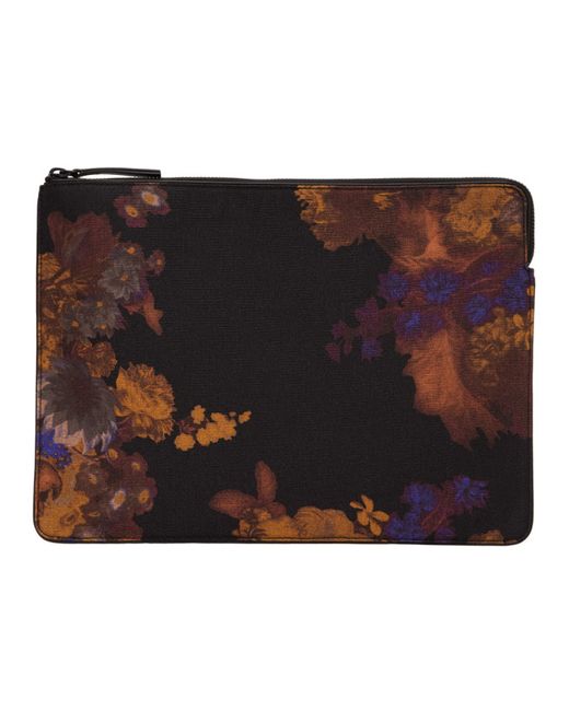 Dries Van Noten Black and Multicolor Floral Print Laptop Pouch