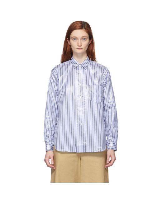 Comme Des Garçons Shirt Boy Blue and White Laminated Finish Stripe Shirt
