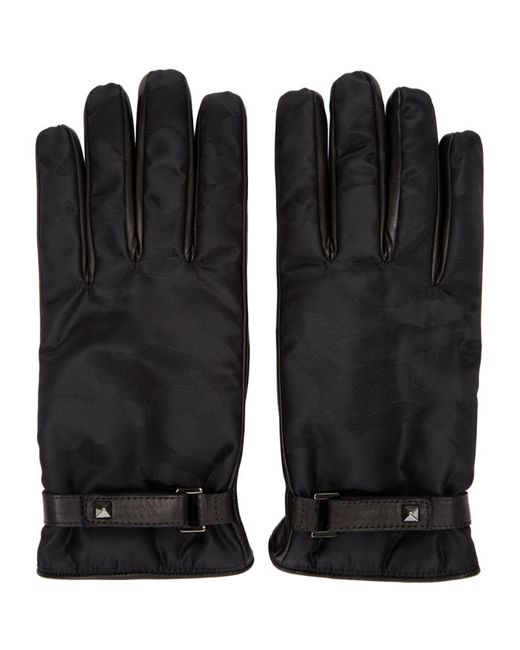 Valentino Black Nylon and Leather Camo Gloves