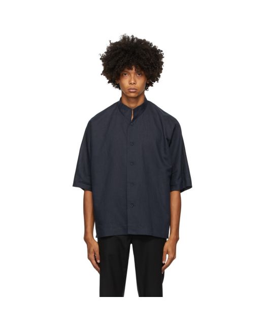 Homme Pliss Issey Miyake Navy Linen and Cotton Short Sleeve Shirt