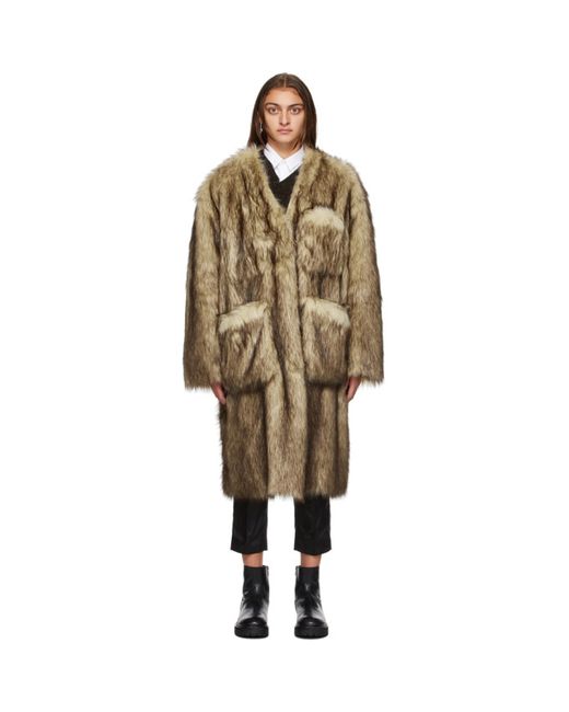 Raf Simons Reversible Brown and Off-White Faux-Fur Labo Coat