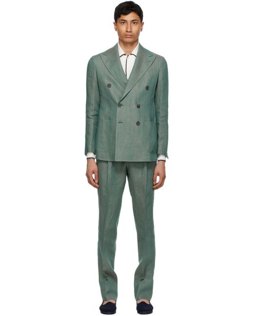 DoppiaA Green Linen Aareseant Double-Breasted Suit