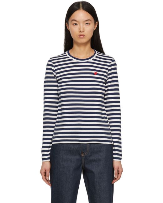 Comme Des Garçons Play Navy White Striped Small Heart Patch Long Sleeve T-Shirt