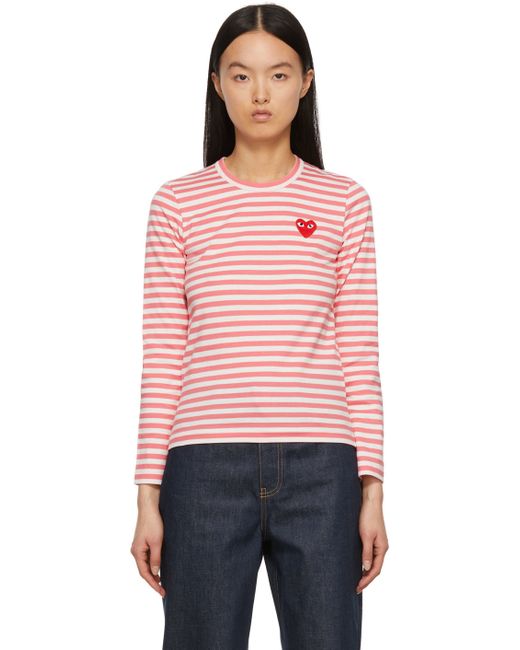 Comme Des Garçons Play White Striped Heart Patch Long Sleeve T-Shirt