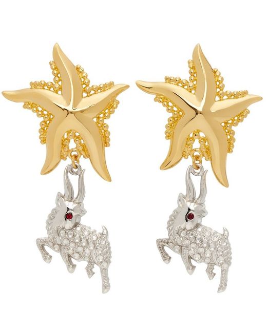 Chopova Lowena Gold Silver Starfish Deer Pendant Earrings